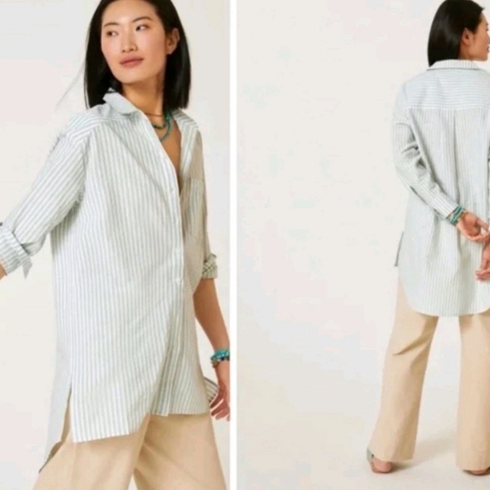 Anthropologie Striped Button Down Shirt Tunic Top Size Xs White/ Black
